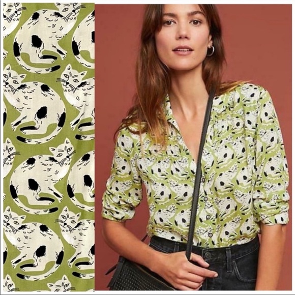 Anthropologie Tops - Anthropology 16 of 52 Conversation Green Cat Print Blouse